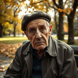 A very sad elderly Spaniard, seated on a weathered wooden bench in a quiet park