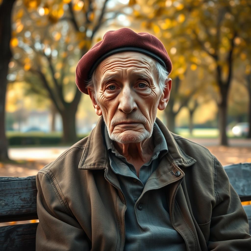 A very sad elderly Spaniard, seated on a weathered wooden bench in a quiet park