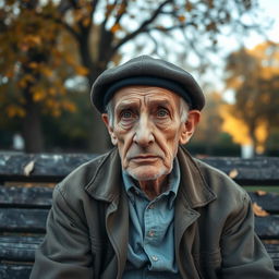 A very sad elderly Spaniard, seated on a weathered wooden bench in a quiet park