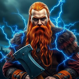 A highly detailed and realistic portrait of a Viking man with long orange hair and a long beard, confidently holding a large axe surrounded by striking blue thunder