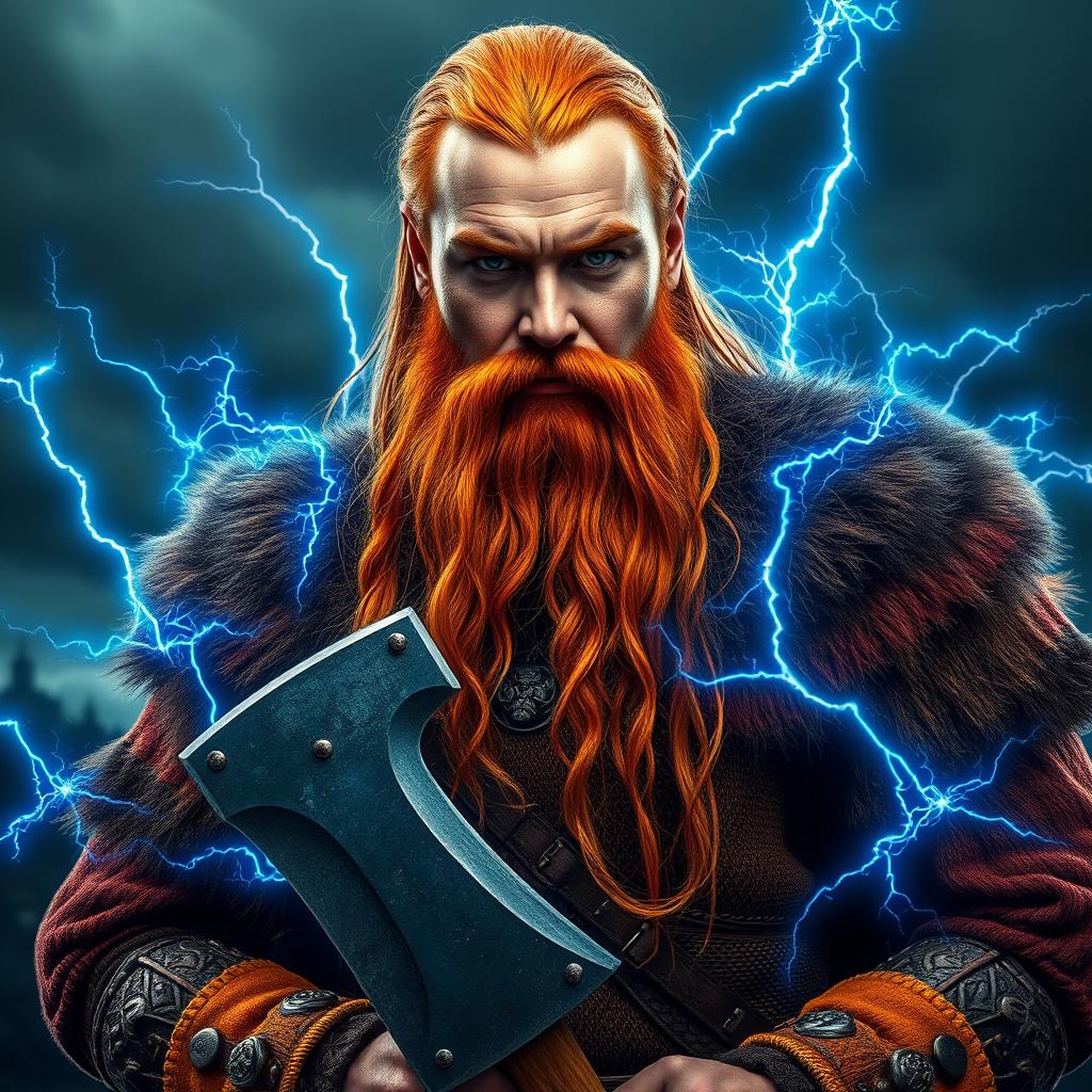 A highly detailed and realistic portrait of a Viking man with long orange hair and a long beard, confidently holding a large axe surrounded by striking blue thunder