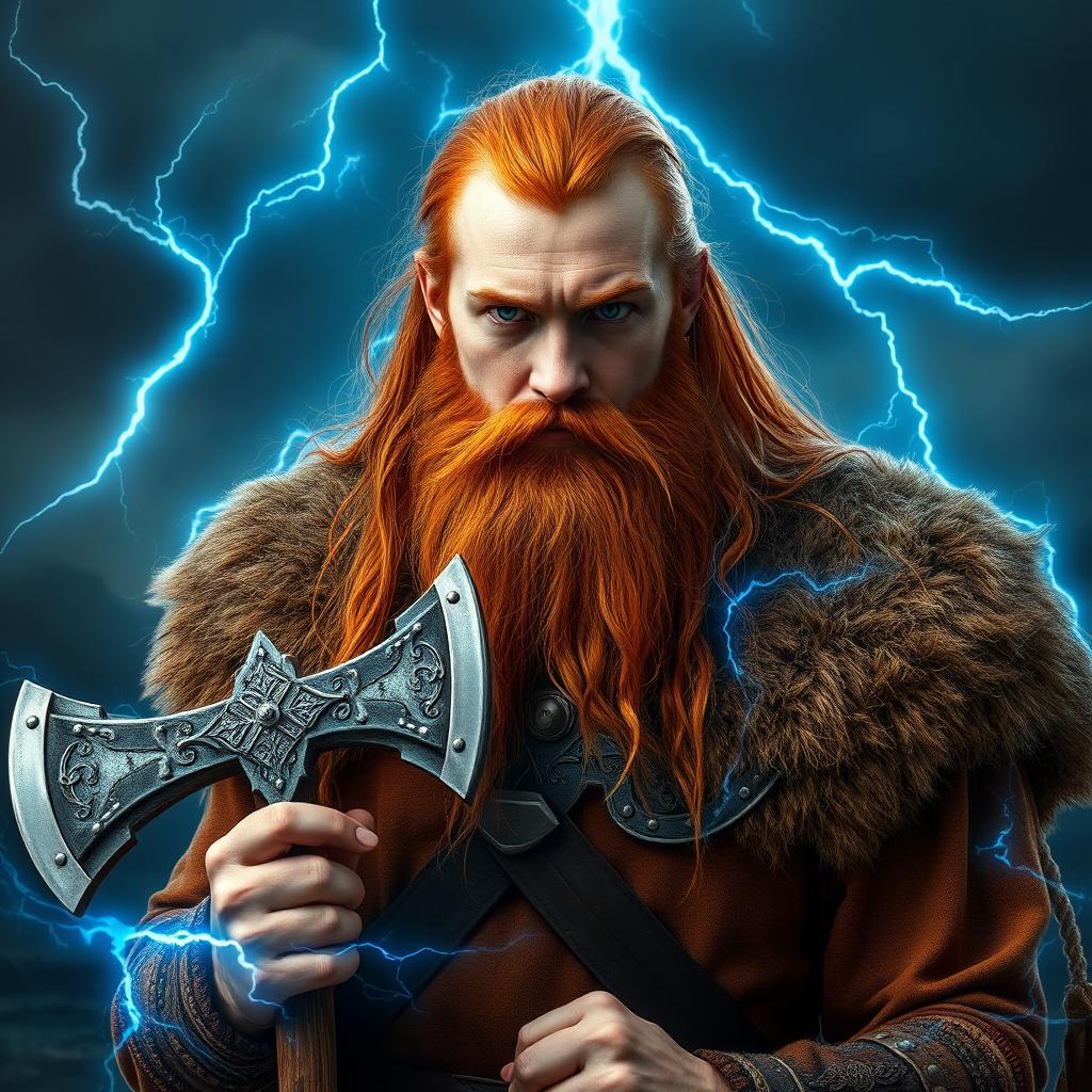 A highly detailed and realistic portrait of a Viking man with long orange hair and a long beard, confidently holding a large axe surrounded by striking blue thunder