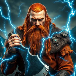 A highly detailed and realistic portrait of a Viking man with long orange hair and a long beard, confidently holding a large axe surrounded by striking blue thunder