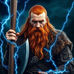 A highly detailed and realistic portrait of a Viking man with long orange hair and a long beard, confidently holding a large axe surrounded by striking blue thunder