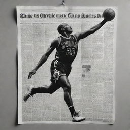 A monochromatic image mimicking a newspaper print, styled as a clip. It features basketball icon Michael Jordan in showcasing his athletic prowess.