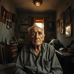 A very sad elderly Spaniard sitting in his old, dimly lit apartment