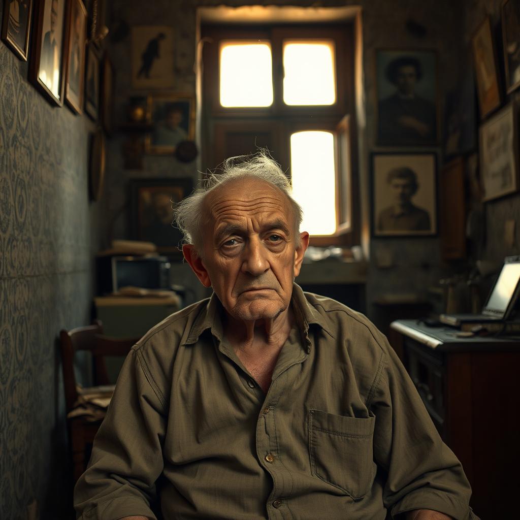 A very sad elderly Spaniard sitting in his old, dimly lit apartment