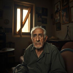 A very sad elderly Spaniard sitting in his old, dimly lit apartment