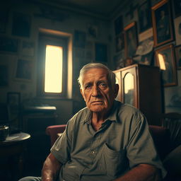 A very sad elderly Spaniard sitting in his old, dimly lit apartment