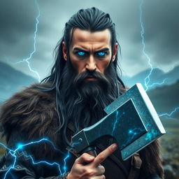 A highly detailed and realistic portrait of a Viking man with long black hair and a long beard, featuring striking blue glowing eyes