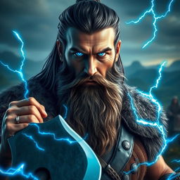 A highly detailed and realistic portrait of a Viking man with long black hair and a long beard, featuring striking blue glowing eyes