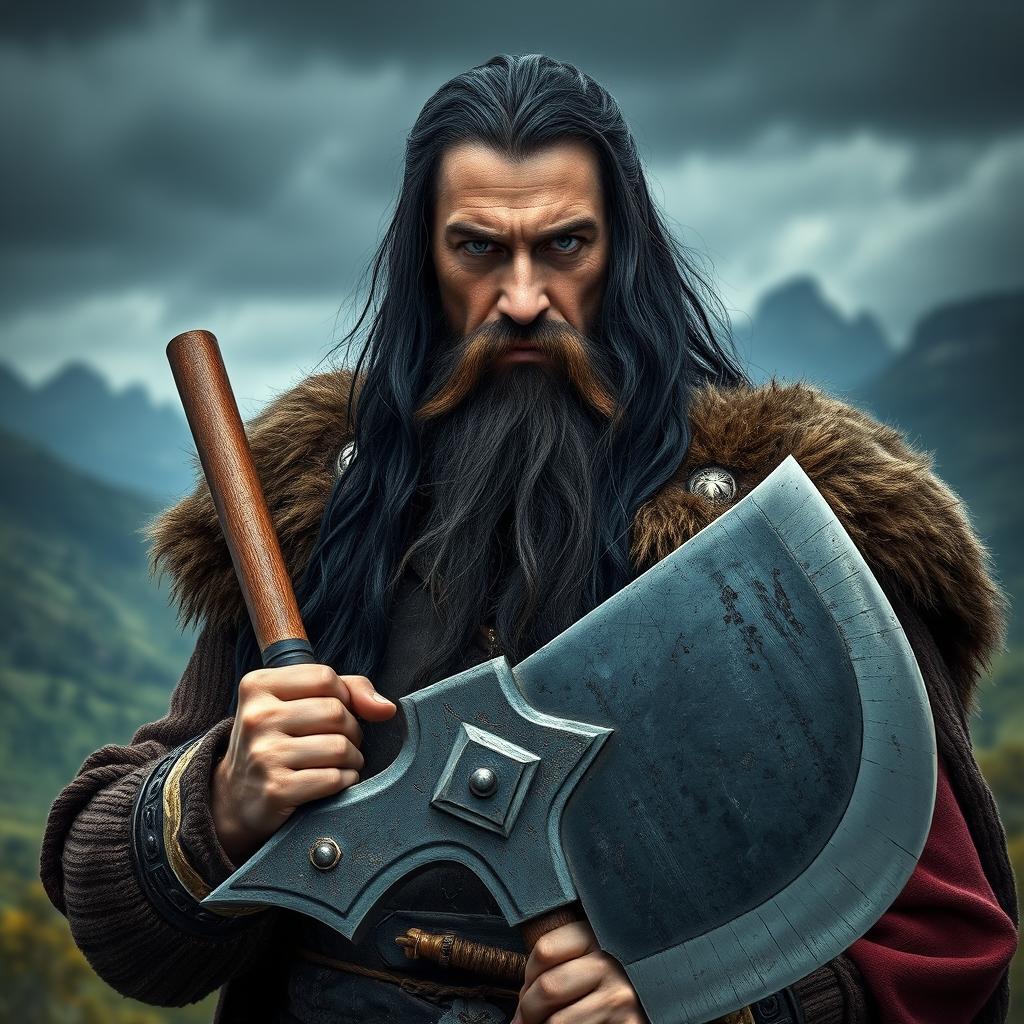 A highly detailed and realistic portrait of a Viking man with long black hair and a long beard, confidently holding a large axe