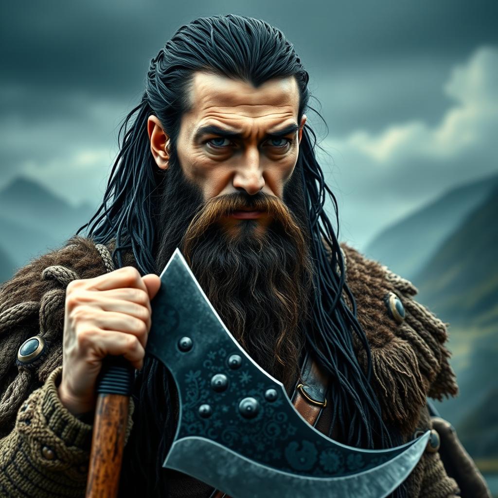 A highly detailed and realistic portrait of a Viking man with long black hair and a long beard, confidently holding a large axe