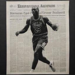 A monochromatic image mimicking a newspaper print, styled as a clip. It features basketball icon Michael Jordan in showcasing his athletic prowess.