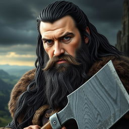 A highly detailed and realistic portrait of a Viking man with long black hair and a long beard, confidently holding a large axe