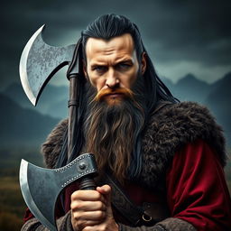 A highly detailed and realistic portrait of a Viking man with long black hair and a long beard, confidently holding a large axe