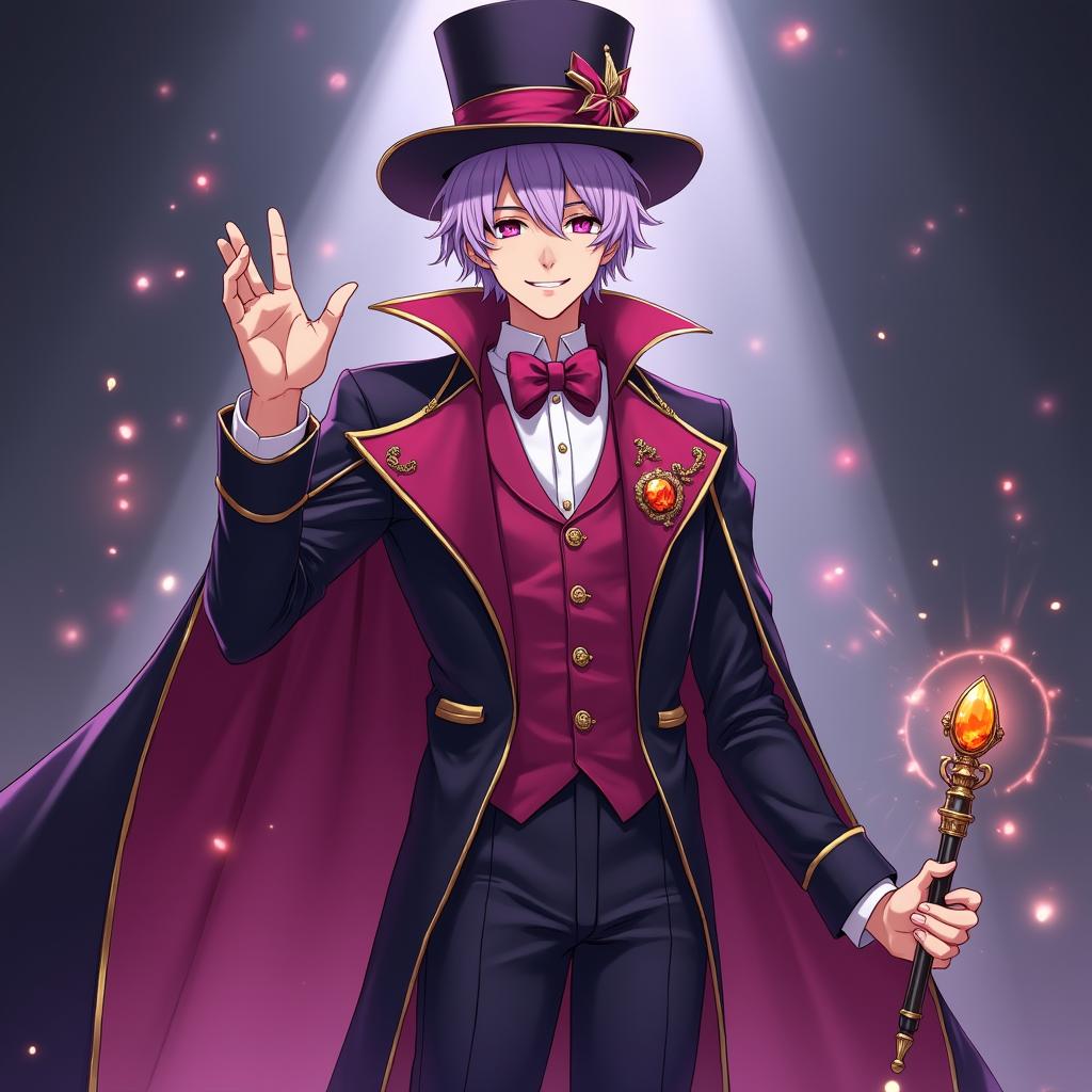 A full-body view of a 22-year-old tall and beautiful anime magician man with short lavender hair and captivating pink eyes