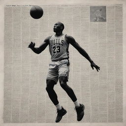 A monochromatic image mimicking a newspaper print, styled as a clip. It features basketball icon Michael Jordan in showcasing his athletic prowess.