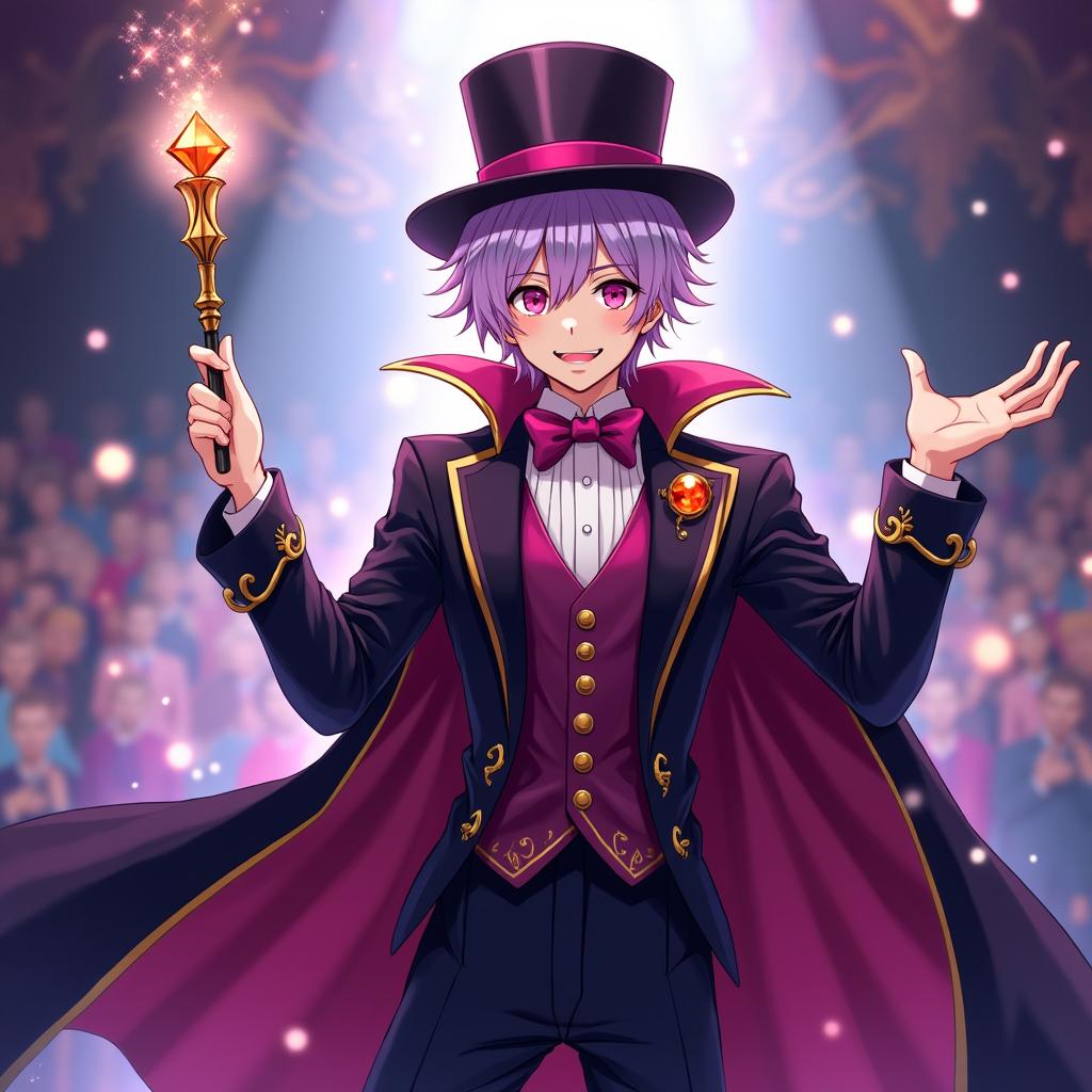 A full-body view of a 22-year-old tall and beautiful anime magician man with short lavender hair and striking pink eyes