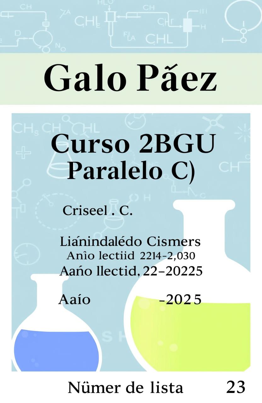 A chemistry cover page featuring the following elements: at the top, the name 'Galo Páez' in bold, elegant font; below that, 'Curso 2BGU, Paralelo "C"' in a slightly smaller font; the teacher's name 'Licenciado Patricio Cisneros' prominently displayed beneath, followed by 'Año lectivo 2024-2025' in an appealing, academic style; and finally, 'Número de lista 23' at the bottom in a clear and legible format