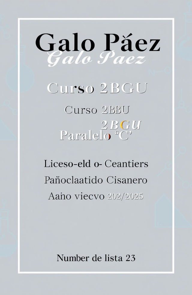 A chemistry cover page featuring the following elements: at the top, the name 'Galo Páez' in bold, elegant font; below that, 'Curso 2BGU, Paralelo "C"' in a slightly smaller font; the teacher's name 'Licenciado Patricio Cisneros' prominently displayed beneath, followed by 'Año lectivo 2024-2025' in an appealing, academic style; and finally, 'Número de lista 23' at the bottom in a clear and legible format