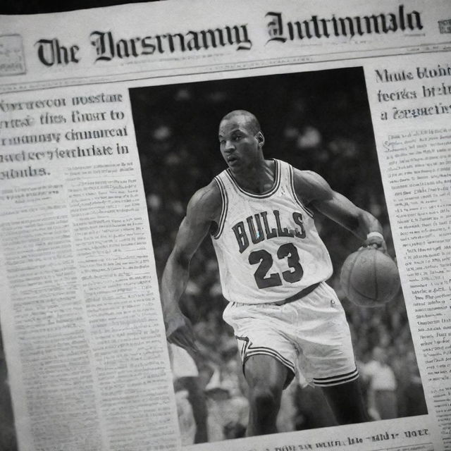 A black and white image styled as a vintage newspaper front page, featuring an eye-catching clip of basketball legend Michael Jordan in action.