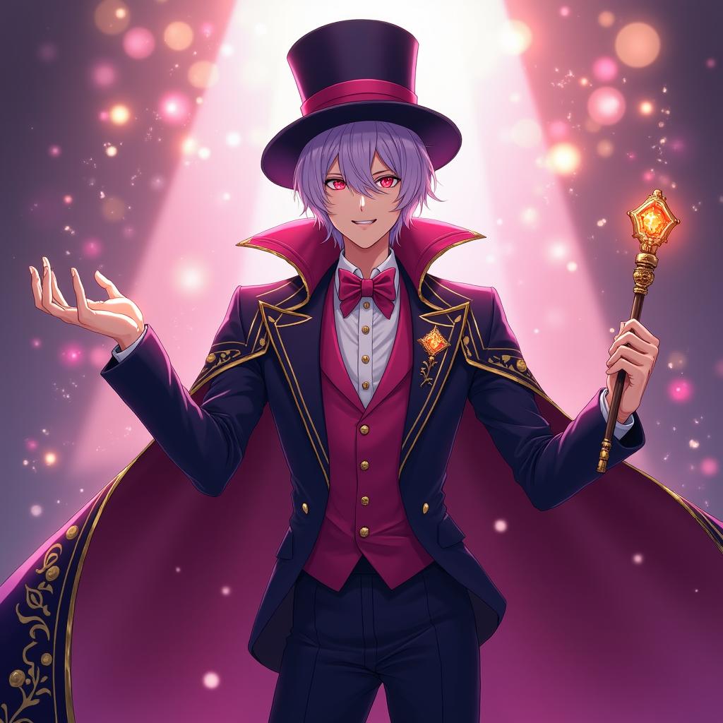 A full-body view of a 22-year-old tall and beautiful anime magician man with short lavender hair and bright pink eyes