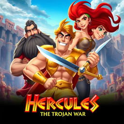 A vibrant 2D animated movie poster for "Hercules: The Trojan War", featuring Hercules depicted as a muscular hero with flowing hair, wearing golden armor and brandishing a sword