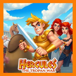 A vibrant 2D animated movie poster for "Hercules: The Trojan War", featuring Hercules depicted as a muscular hero with flowing hair, wearing golden armor and brandishing a sword