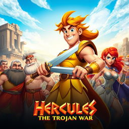A vibrant 2D animated movie poster for "Hercules: The Trojan War", featuring Hercules depicted as a muscular hero with flowing hair, wearing golden armor and brandishing a sword