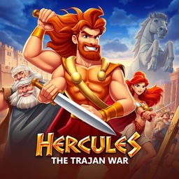 A vibrant 2D animated movie poster for "Hercules: The Trojan War", featuring Hercules depicted as a muscular hero with flowing hair, wearing golden armor and brandishing a sword