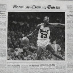 A black and white image styled as a vintage newspaper front page, featuring an eye-catching clip of basketball legend Michael Jordan in action.