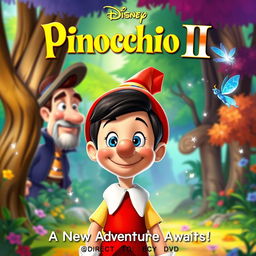 A vibrant and enchanting poster for the animated movie "Pinocchio II," featuring a whimsical 2D animation style