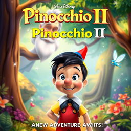 A vibrant and enchanting poster for the animated movie "Pinocchio II," featuring a whimsical 2D animation style