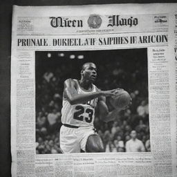 A black and white image styled as a vintage newspaper front page, featuring an eye-catching clip of basketball legend Michael Jordan in action.