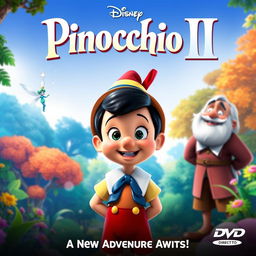 A vibrant and enchanting poster for the animated movie "Pinocchio II," featuring a whimsical 2D animation style