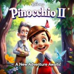 A vibrant and enchanting poster for the animated movie "Pinocchio II," featuring a whimsical 2D animation style