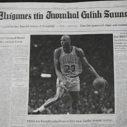 A black and white image styled as a vintage newspaper front page, featuring an eye-catching clip of basketball legend Michael Jordan in action.