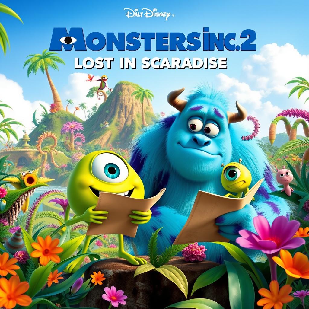 A vibrant and colorful movie poster for "Monsters Inc 2: Lost in Scaradise" featuring beloved characters Mike Wazowski and Sulley in a lush, tropical setting