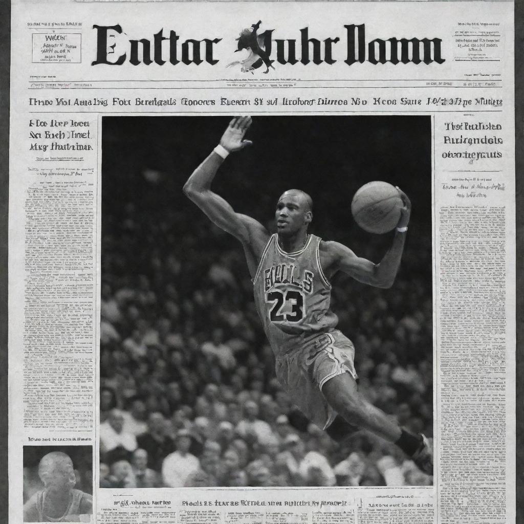 A digital image evoking a black and white newspaper front page, with a striking clip-like image of basketball legend Michael Jordan showcasing his athletic feats.