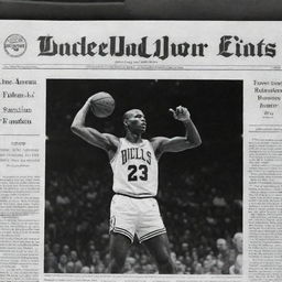 A digital image evoking a black and white newspaper front page, with a striking clip-like image of basketball legend Michael Jordan showcasing his athletic feats.