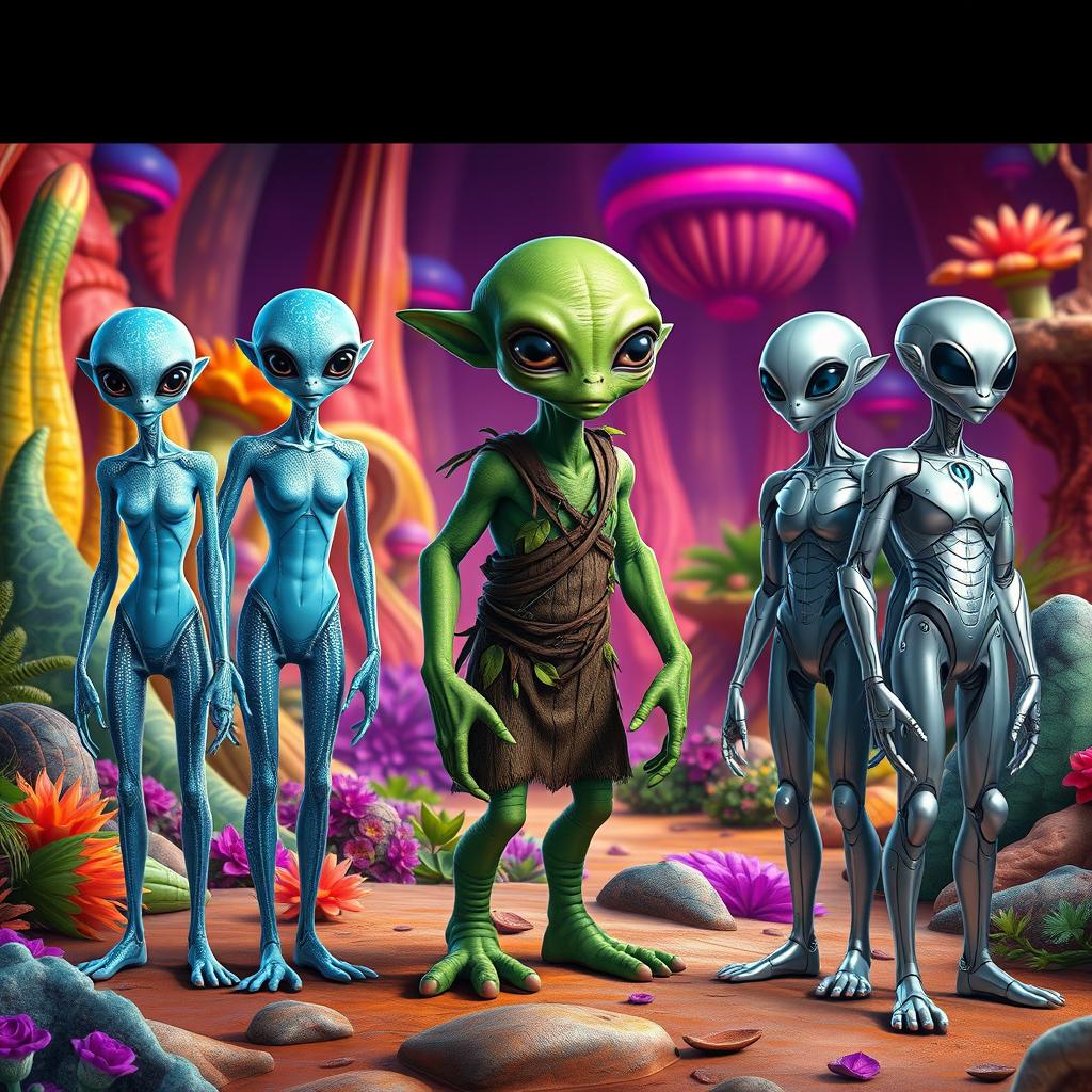 Three sets of triplets, each representing a different type of alien, all depicted as humanoid beings