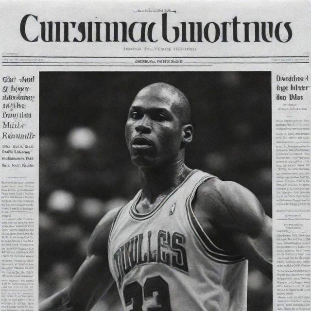 A digital image evoking a black and white newspaper front page, with a striking clip-like image of basketball legend Michael Jordan showcasing his athletic feats.