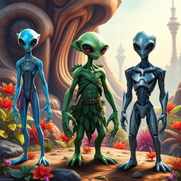 Three sets of triplets, each representing a different type of alien, all depicted as humanoid beings