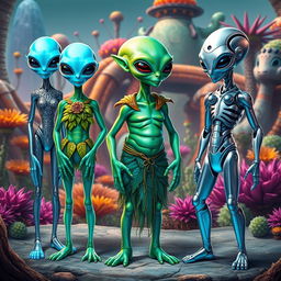 Three sets of triplets, each representing a different type of alien, all depicted as humanoid beings