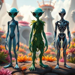Three sets of triplets, each representing a different type of alien, all depicted as humanoid beings