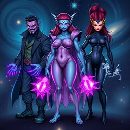 Three sets of triplets, each representing a different type of humanoid alien