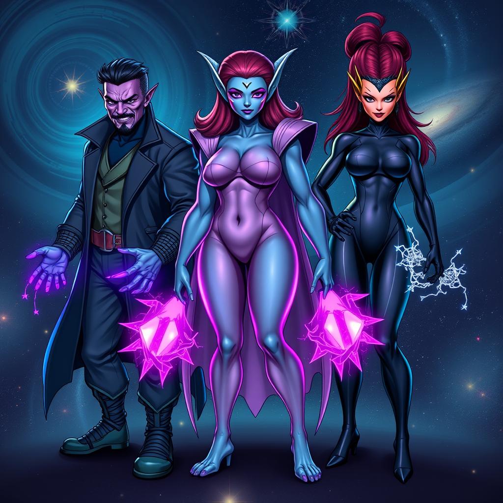 Three sets of triplets, each representing a different type of humanoid alien