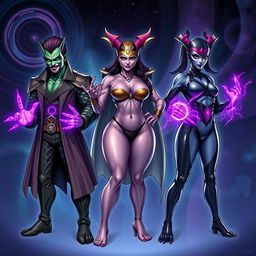 Three sets of triplets, each representing a different type of humanoid alien