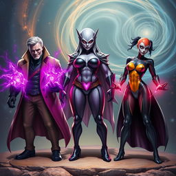 Three sets of triplets, each representing a different type of humanoid alien